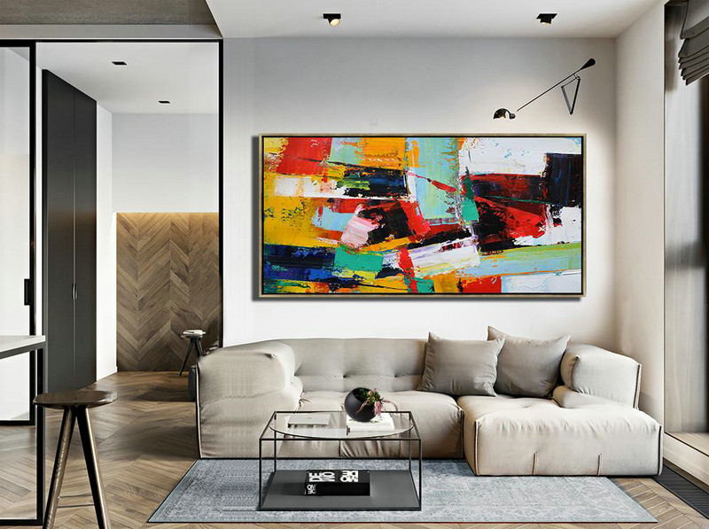 Original Artwork Extra Large Abstract Painting,Horizontal Palette Knife Contemporary Art Panoramic Canvas Painting,Large Abstract Wall Art,White,Yellow,Red,Black.etc